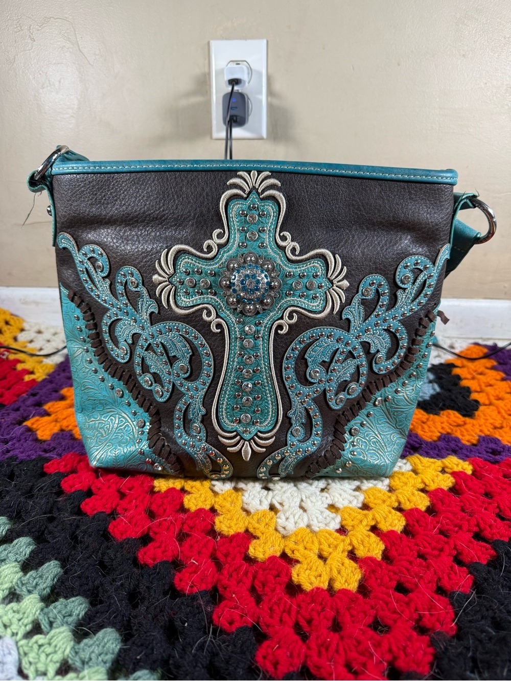American Bling Turquoise and Brown Embellished Cross Shoulder Bag
